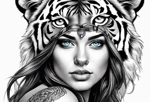 attractive brunette girl with blue eyes with tiger headdress tattoo idea