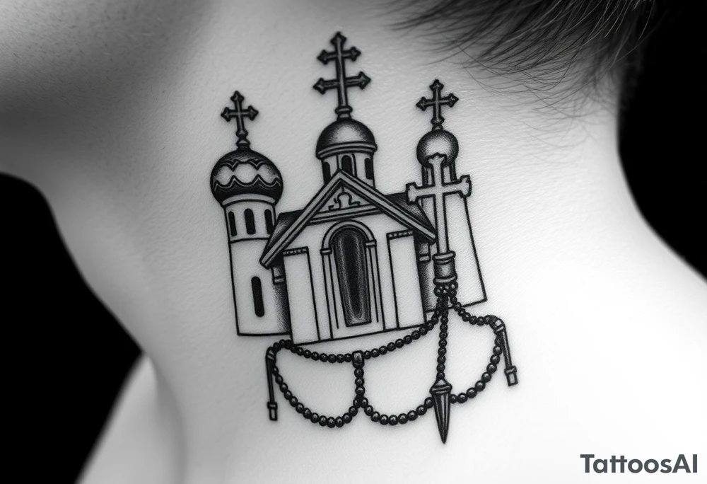 russian orthodox church with the crosses above being christian orthodox but in a AK47 style with a beaded orthodox thurible chain tattoo idea