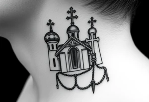 russian orthodox church with the crosses above being christian orthodox but in a AK47 style with a beaded orthodox thurible chain tattoo idea