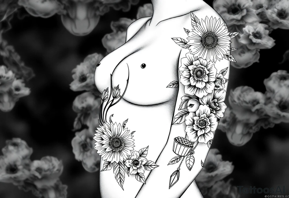 Storm, darkness, seven deadly sins, fat naked woman, peacock, dead sunflower and rosesflowers, razor blades, noose, couple having sex , cupcake ,cigerettes storm clouds tattoo idea