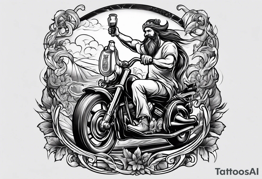 A fun jovial Dionysus riding a beer caske tattoo idea