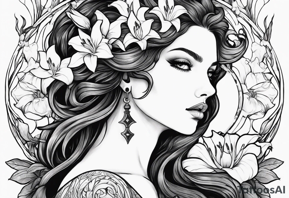 a side view of lilith holding a serpent and surrounded by lilies tattoo idea