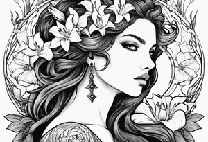 a side view of lilith holding a serpent and surrounded by lilies tattoo idea