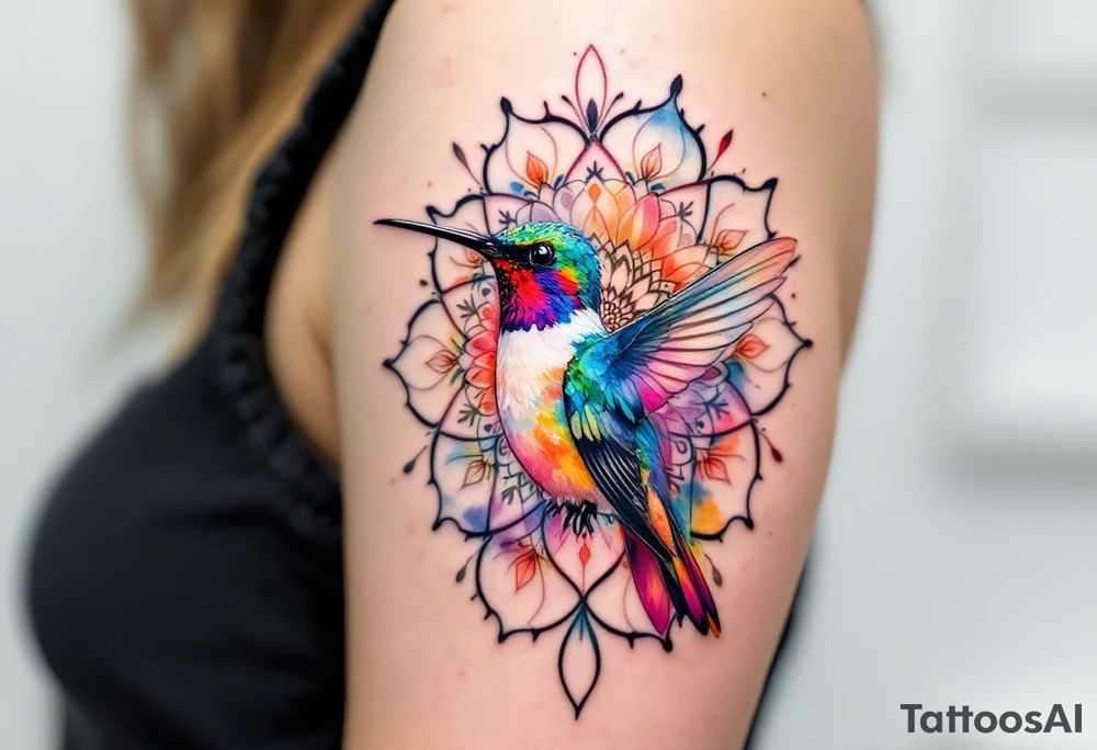 Colorful hummingbird centered in front of a mandala design tattoo idea