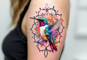 Colorful hummingbird centered in front of a mandala design tattoo idea