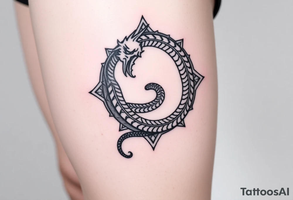 Ouroboros or dragon/serpent/snake eating its own tail in a figure 8 in negative space with geometric patterns tattoo idea