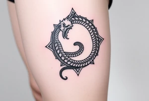 Ouroboros or dragon/serpent/snake eating its own tail in a figure 8 in negative space with geometric patterns tattoo idea