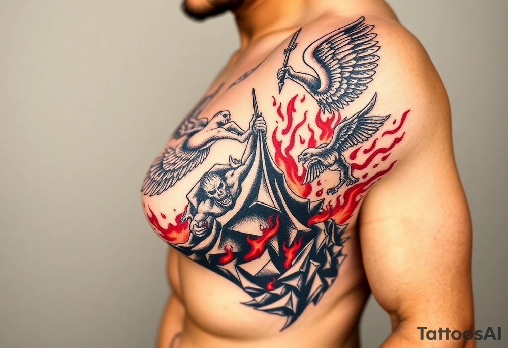 Heaven’s angels fighting hells demons. Angels flying and demons climbing up out of hell tattoo idea