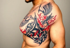 Heaven’s angels fighting hells demons. Angels flying and demons climbing up out of hell tattoo idea