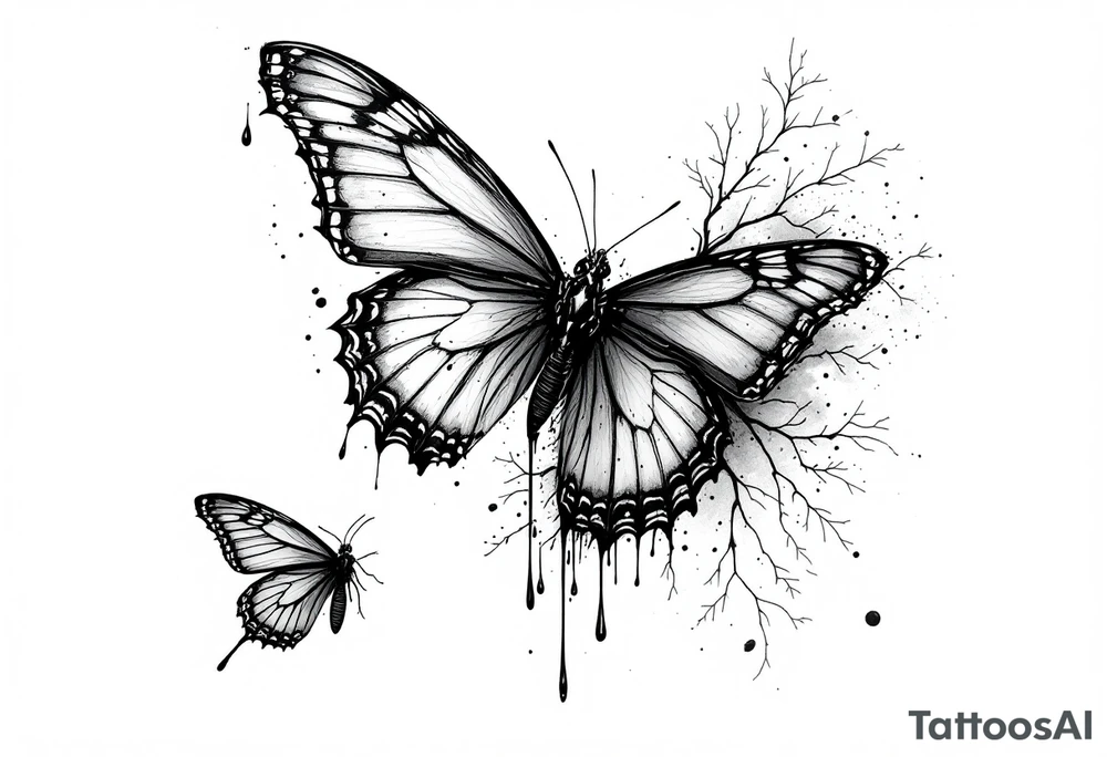 Bleeding butterfly and a second one who is in mental horror style and his placement is left and down from the first one tattoo idea