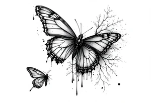 Bleeding butterfly and a second one who is in mental horror style and his placement is left and down from the first one tattoo idea