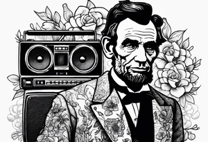 Abraham Lincoln in a flowered suit jacket holding a 90s boombox on his shoulder tattoo idea