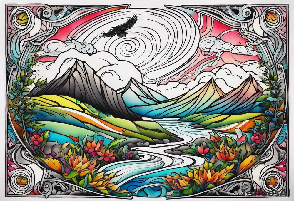 Landscape tattoo on the front neck that's appear to be ejecting from the skin, symbolizing the freedom from censorship. tattoo idea