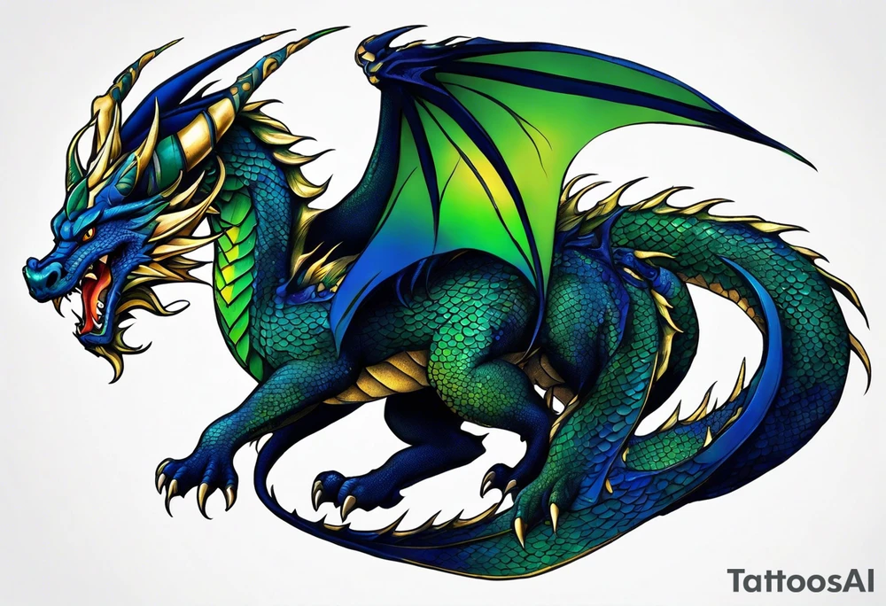 An epic wingless dragon, its body coiling dynamically, with scales and horns detailed to create a sense of movement and strength. The dragon's main color is dark blue but features accents in green, blue, and gold, giving a vibrant depth and a mystical aura. This tattoo highlights the dragon’s fierce expression and sharp claws as it wraps protectively around the leg. Style: Realism tattoo idea