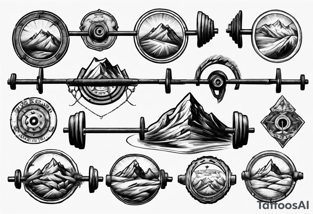 road cycle front wheel drawn as a barbell plate with a mountain in the middle tattoo idea