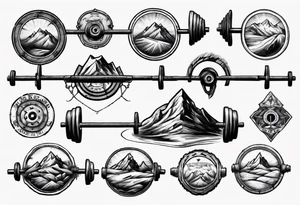 road cycle front wheel drawn as a barbell plate with a mountain in the middle tattoo idea