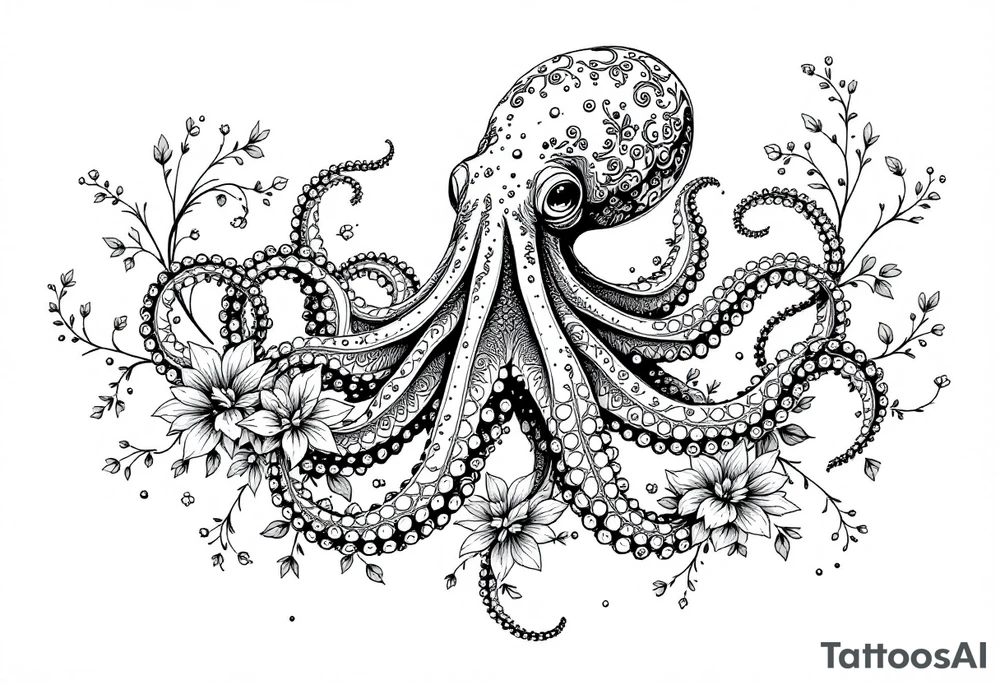 realistic octopus, detailed linework, intricate, black-and-grey shading, surrounded by floral ornaments, intertwining and merging with flowers, thin black swirling lines, semi-transparent brown leaves, dotwork, ornamental flourishes, radiating design, fine-line style, minimalistic, organic flow, feminine, artistic, slightly surreal, seamless composition, marine botanical fusion, lifelike texture, graceful rhythm, smooth shading, soft leaves wrapping, blooming shoulder flower, outward radiating pattern, vine tentacle flow, integrated sea creature, botanical octopus curved body placement, natural organic movement tattoo idea
