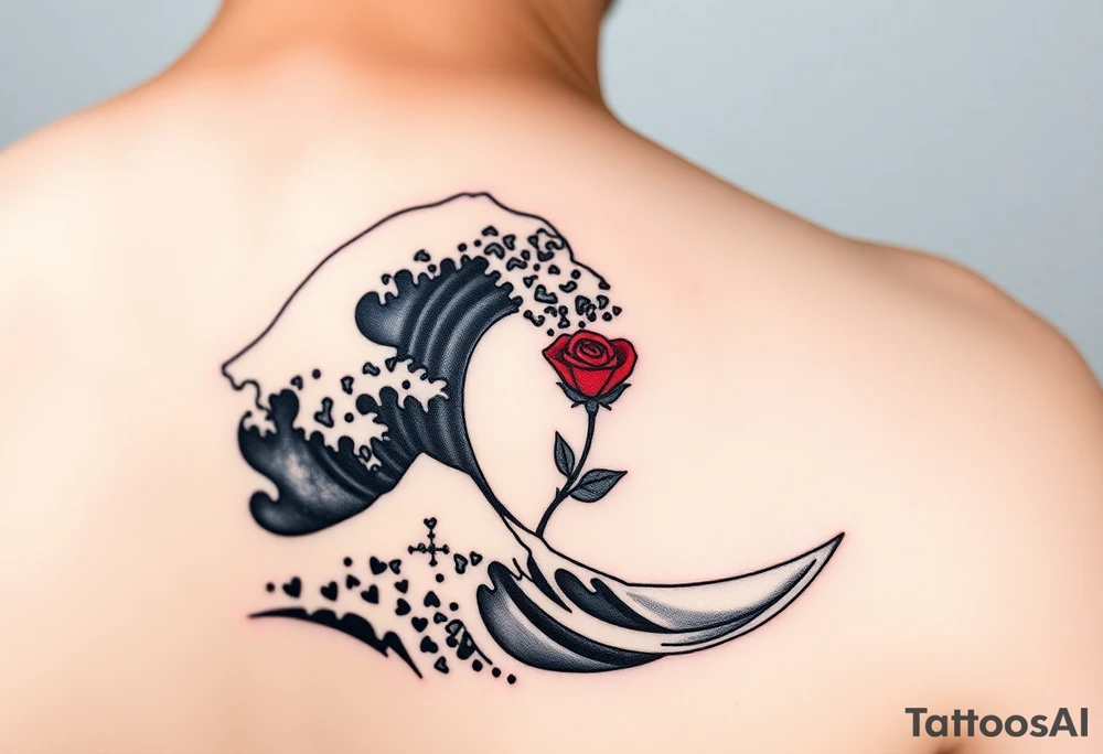 Shoulder tattoo of the Great Wave of Kanagawa in black and white with a small beautiful red rose with no stem in the space where the wave curves tattoo idea