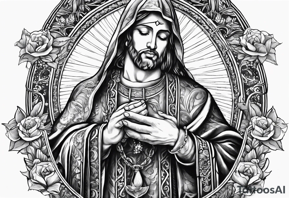 Vertical, hands of God holding a rosary with the words "Todo la tierra esta llehande su gloria" tattoo idea