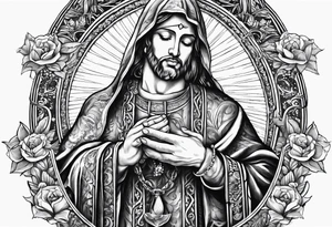Vertical, hands of God holding a rosary with the words "Todo la tierra esta llehande su gloria" tattoo idea