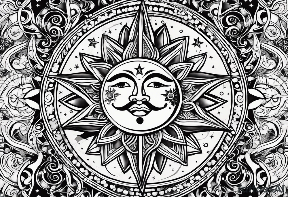 Mexican Sun and moon. long rectangular sternum swirls and dots and stars tattoo idea