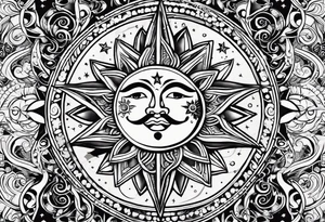 Mexican Sun and moon. long rectangular sternum swirls and dots and stars tattoo idea