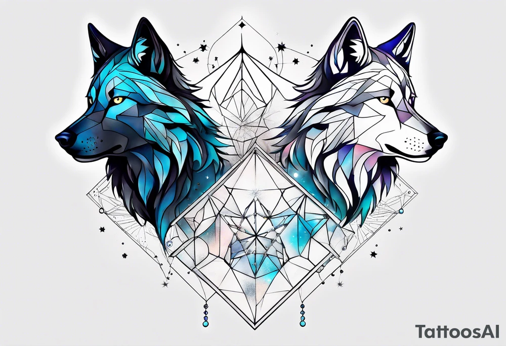 Constellation, two animal wolf, géométric, snowflake tattoo idea