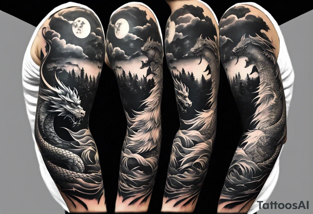 Half sleeve forearm tattoo. Representing the hero’s journey. Haku the dragon, a tree, clouds, a broken sword, the sun and moon tattoo idea