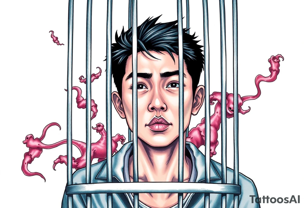 Handsome Asian young guy in cage with fears tattoo idea