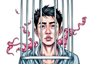 Handsome Asian young guy in cage with fears tattoo idea