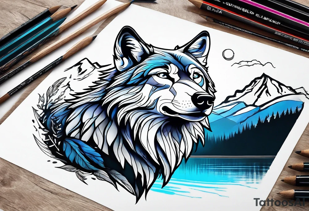 Create a tattoo of a wolf with mountain/lake tattoo idea
