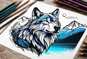 Create a tattoo of a wolf with mountain/lake tattoo idea
