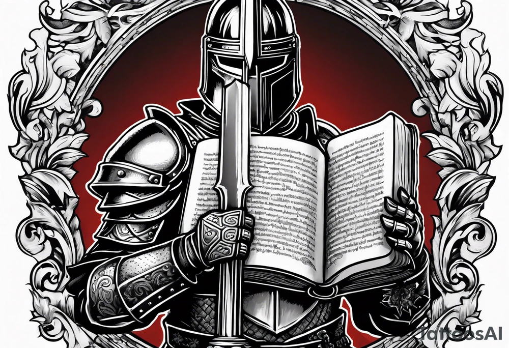 knight holding a bible over his head in combat with both hands tattoo idea