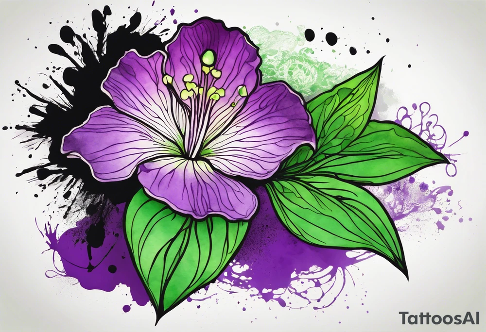 A mystical outline of a green and purple rio dipladenia flower and a green and purple watercolor splash in the background tattoo idea