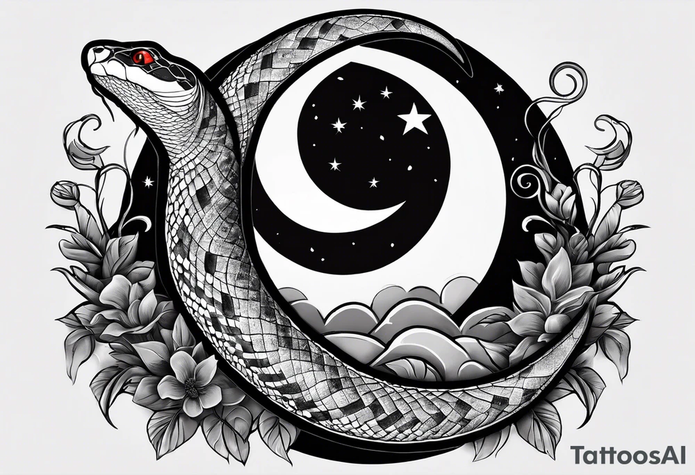 A snake wrapped around a crescent moon, which is connected to the sun which has a cardinal in it tattoo idea
