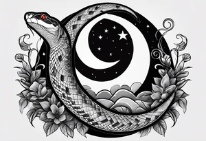 A snake wrapped around a crescent moon, which is connected to the sun which has a cardinal in it tattoo idea