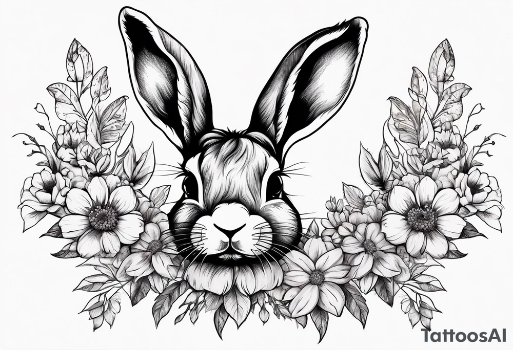 bunny head with flowers around it tattoo idea