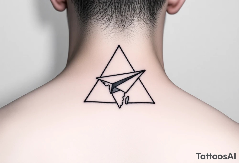 Small geometric triangle with a geometric paper plane with fine thin lines flying around the countries of India and Guyana. tattoo idea