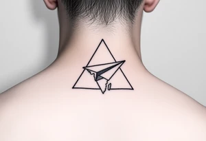 Small geometric triangle with a geometric paper plane with fine thin lines flying around the countries of India and Guyana. tattoo idea