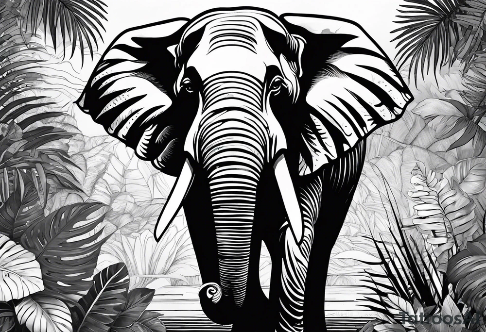 “A majestic elephant with its trunk raised, surrounded by tropical foliage, symbolizing memory and strength tattoo idea