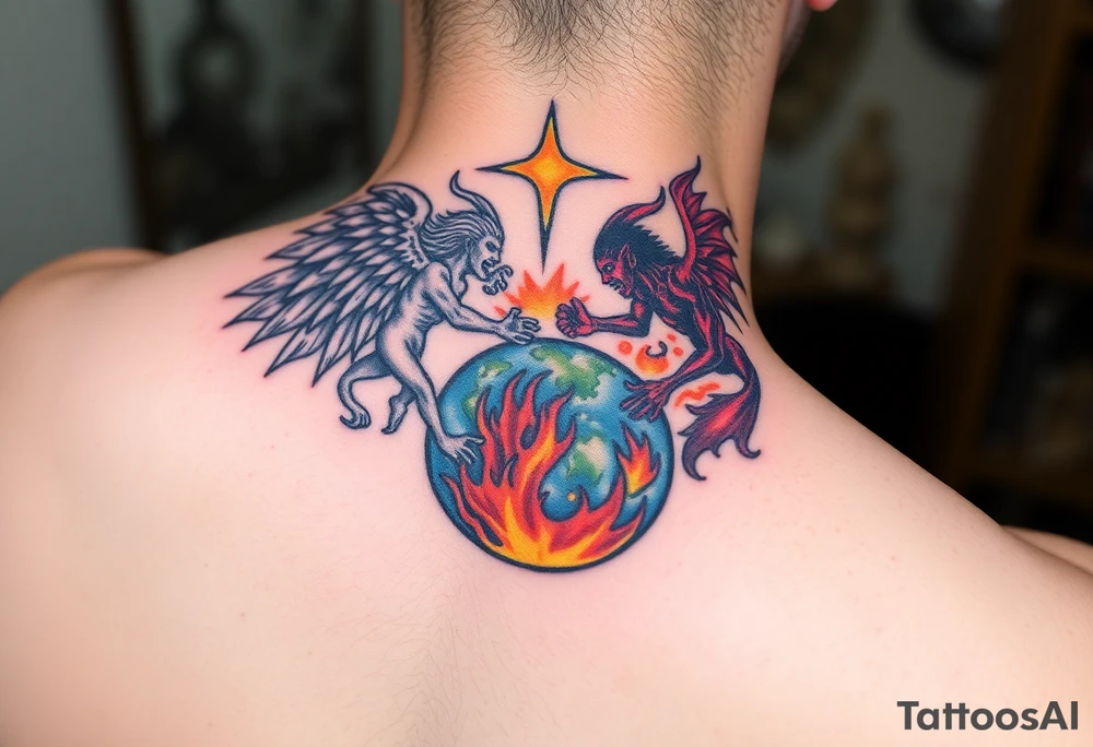 Heaven and hell fighting each other on earth tattoo idea