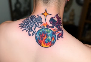 Heaven and hell fighting each other on earth tattoo idea