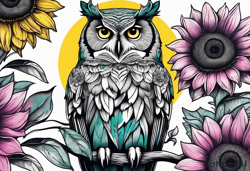 Black and white owl shaded teal, pink and purple surrounded by yellow sunflowers sleeve tattoo idea