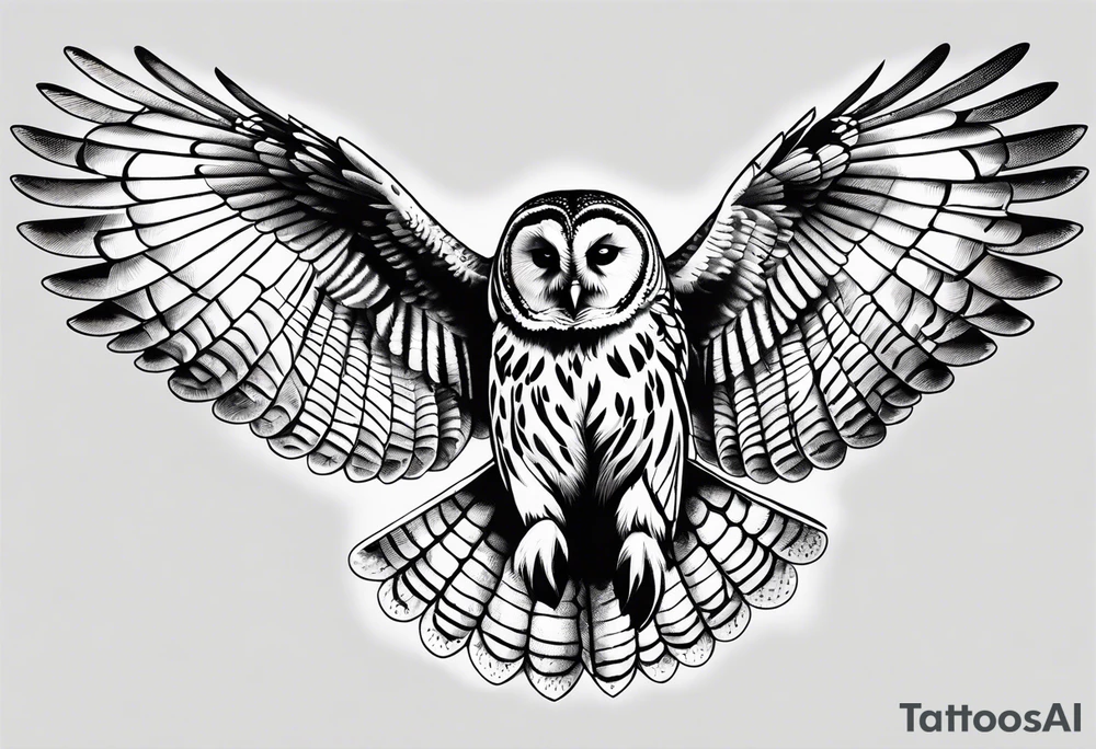 barred owl wings outstretched with a snake in its feet tattoo idea