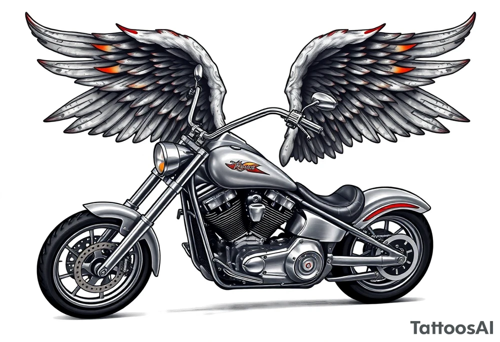 Low rider grey motorcycle, big muffler pipes with flames, angel wings, driving away, no person tattoo idea