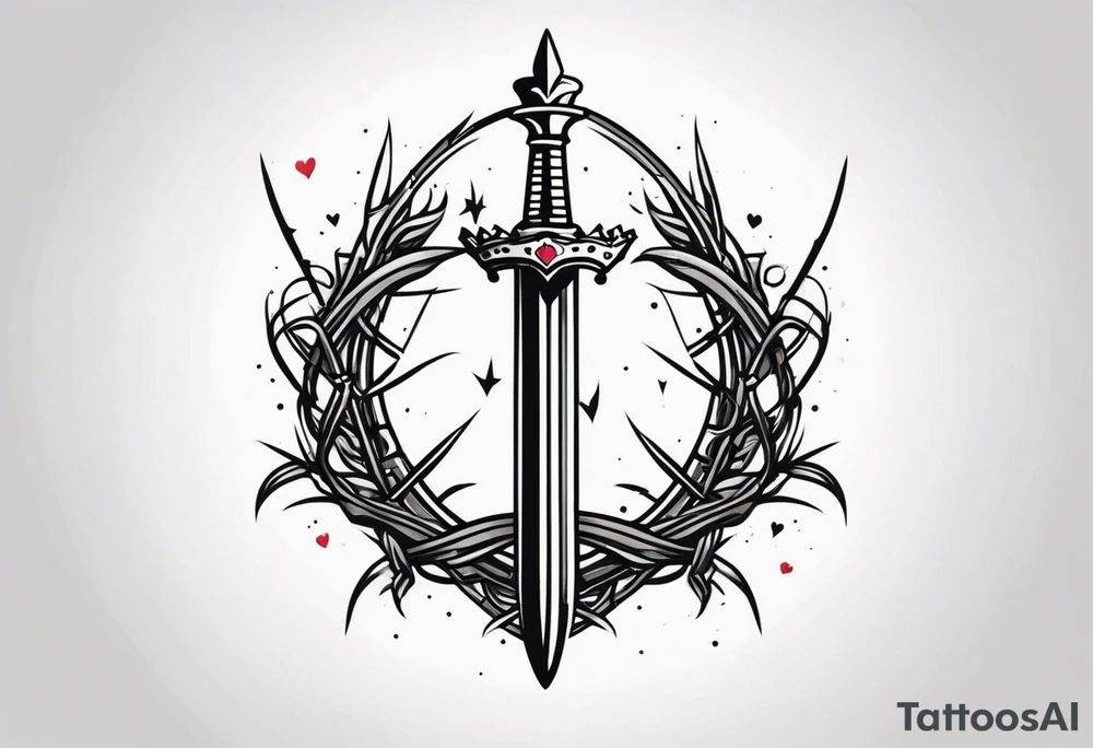 A simple design of a crown of thorns resting on the guard of a sword that is piercing a heart tattoo idea
