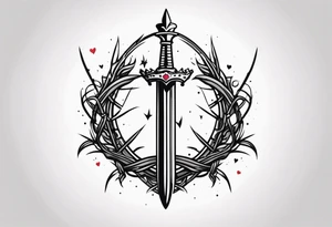 A simple design of a crown of thorns resting on the guard of a sword that is piercing a heart tattoo idea