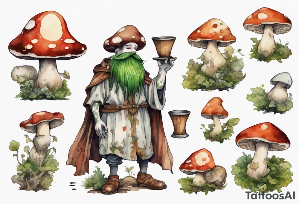 a mushroom person with a smiling moss face wearing a medieval tunic drinking from a wood cup tattoo idea