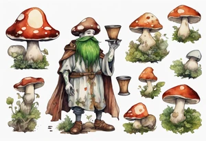 a mushroom person with a smiling moss face wearing a medieval tunic drinking from a wood cup tattoo idea