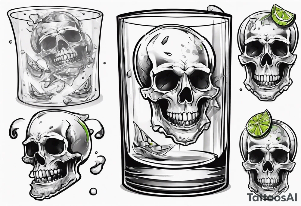 A scull inside the glass with alcohol and piece of lime tattoo idea